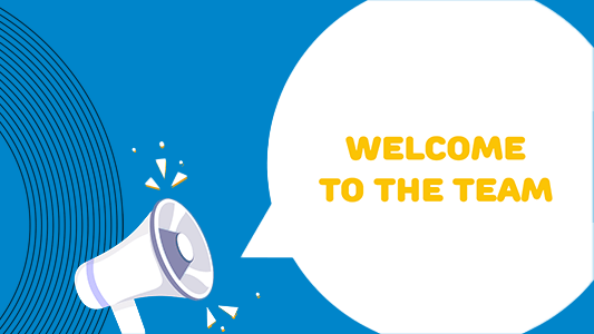 Megaphon vector Grafik vor blauem Hintergrund mit Schiriftblase 'Welcome to the team'